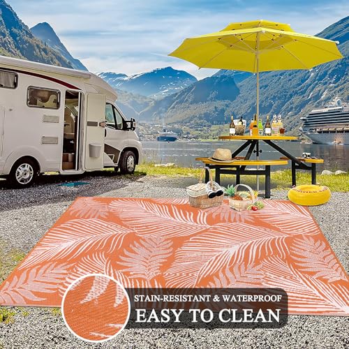 Pauwer Waterproof Outdoor Rug 6x9, Reversible Plastic Straw Patio Camping Rug, Indoor Outdoor RV Mat Carpet for Deck, Camper, Porch, Balcony, Backyard, Picnic, Leaf Orange - color: Leaf Orange, size: 6' x 9' (Rectangular)