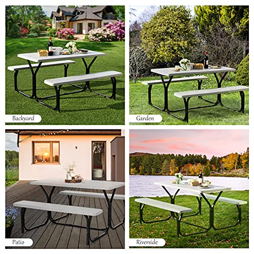 Moccha Picnic Table Bench Set - Portable Plastic Picnic Table w/Steel Frame & Wood-Like Texture, All Weather Heavy Duty Picnic Table Kit, Picnic Tables for Outdoors Garden Patio Party Dining (White) - color: White