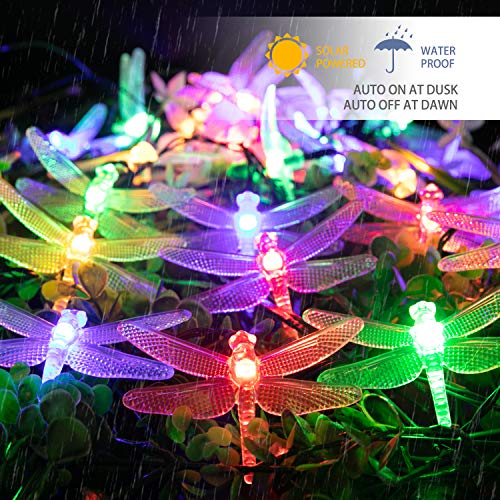 Dragonfly Solar String Lights Outdoor 25.6FT 30 LED Waterproof Solar Powered Fairy Lights, 8 Modes Decorative Lights for Patio Garden Yard Fence Wedding Christmas Party, Multicolor - style: Dragonfly