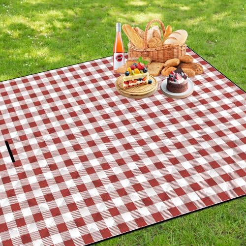 Large Cute Gingham Picnic Blanket Outdoor Waterproof Camping Picnic Mat Foldable Sand Proof Beach Blanket 77"X58" Portable Rug for Picnics Beach Lawn Grass Hiking Concerts Tent Play Mat, Red & White - color: Red & White Plaid