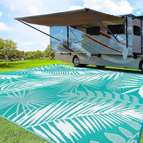 Outdoor Rug Waterproof for Patios Clearance, 10'x14' Quick Drying Outdoor Plastic Straw Rug Camping Carpet, Outside Floor Mats Large Area Rugs for RV,Patio,Deck,Porch, Beach, Balcony,Teal&White - color: Teal Blue, size: 10' x 14' (Rectangular)
