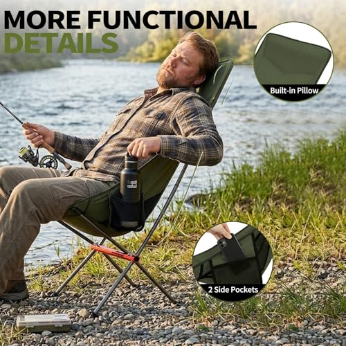 SHALLWE Camping Chairs, All Aluminum Frame Portable Folding Camp Chair for Adults, Heavy Duty High Back Collapsible with Built-in Pillow, Side Pocket, Carry Bag for Backpacking, Hiking, Beach - color: Green
