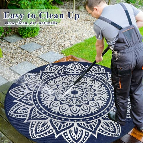 famibay Round Outdoor Rug 8ft Boho Round Patio Rug Waterproof Plastic Outdoor Carpet for Patio All Weather Camping Rugs RV Mats for Outside Lightweight UV-Resistant Outdoor Rugs for Patios(Dark Blue) - color: Dark Blue, size: Round 8ft