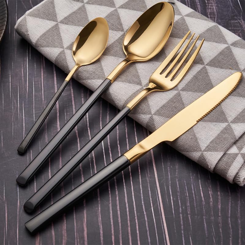 Silverware Flatware Cutlery Set, 6/24/36/48 Pieces 304 Stainless Steel Steak Knife, Fork And Spoon Tableware For Home And Hotel Stainless Steel Knife, Fork And Spoon Set,(Black/Gold-16 Pieces for 4) - color: Black/Gold, size: 16 Pieces for 4