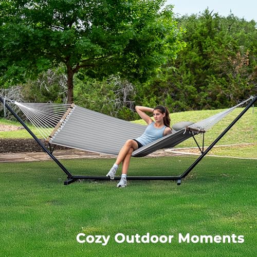 SUPERJARE Hammock with Stand, 2 Person Quilted Outdoor Hammock, Detachable Pillow & Bamboo Spreaders, Portable Hammock with Carrying Bag, Heavy Duty Stand, Perfect for Outside, Patio, Gray - color: Grey, size: 62.9"w × 78.7''d × 43.3''h