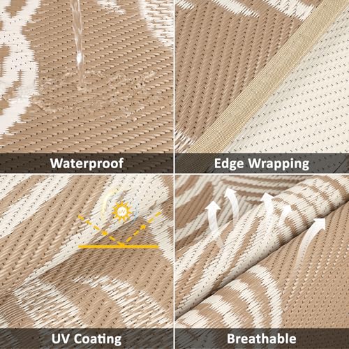 Pauwer Waterproof Outdoor Rug 6ft, Reversible Plastic Straw Patio Camping Rug, Indoor Outdoor RV Mat Carpet for Deck, Camper, Porch, Balcony, Backyard, Picnic, Boho Brown - color: Boho Brown, size: 6' (Round)