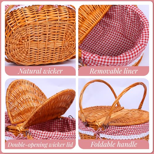 Wicker Picnic Basket with Handle, 15" Large Picnic Basket with Lid & Removable Liner, Vintage Hand Woven Basket with Cutlery Set for Picnics, Camping, Thanksgiving, and Birthday - color: Red-white Grid, size: 4-person
