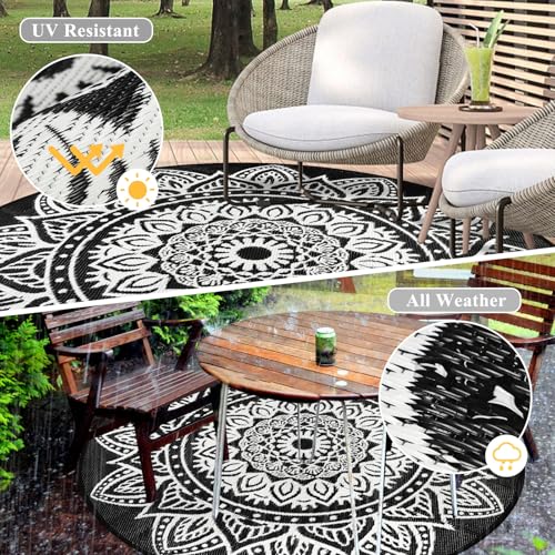 famibay Round Outdoor Rugs for Patios, 6 Ft Round Outdoor Rug Waterproof Round Patio Rug Outdoor Plastic Straw Rug Lightweight Portable Boho Outdoor Carpet Mats for Patio Backyard Camping Porch - color: Black/White, size: Round 6ft