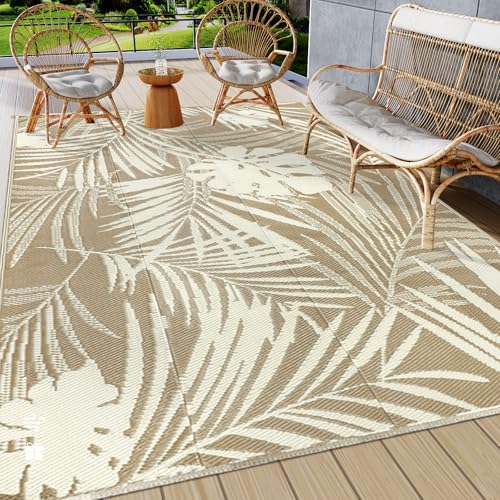 famibay 5x8 Outdoor Rug Waterproof Plastic Straw Rug Reversible Patio Rug Outside Camping Rug Patio Mat Lightweight Foldable Outdoor Carpet for Patio Balcony Deck Camping(Brown) - color: Brown & Beige, size: 5' x 8'