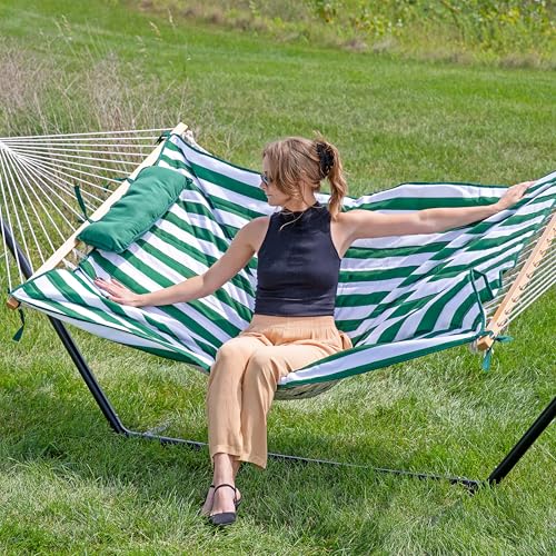 Sunnydaze Rope Hammock with Stand for Outside - Heavy Duty Freestanding Portable Outdoor Hammock Set with Quilted Pad, Pillow, and 12-Foot Steel Frame - 275 lb Capacity - Green & White Stripe - color: Green and White Stripe