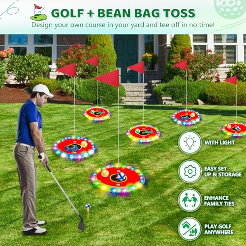 TERRAMUS Glow in the Dark Golf & Toss Game, 2 in 1 LED Target Set with 2 Clubs, 18 Balls, 6 Bean Bags, Outdoor Indoor Backyard Toy for Kids Ages 4 5 6 7 8, Birthday Gifts for Boys Girls - color: Red