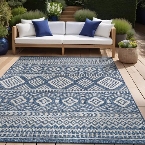Beverly Rug Waikiki Boho Indoor Outdoor Rug 6x9, Washable Outside Carpet for Patio, Deck, Porch, Bohemian Area Rug, Farmhouse Rugs, Aztec Tribal Rug, Azure and White - color: Boho - Azure / White, size: 6'7" x 9' (Rectangular)