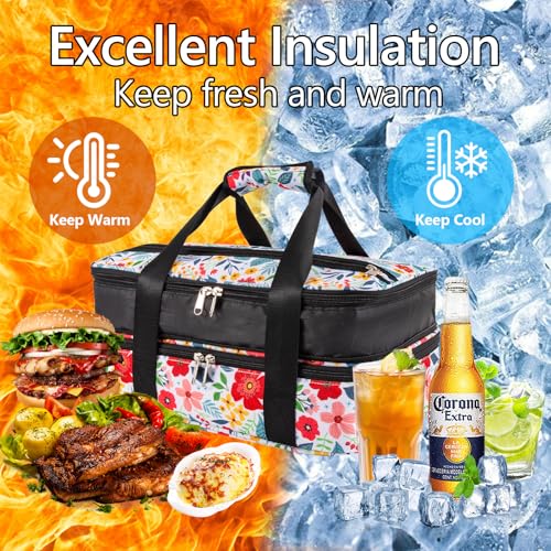 Double Decker Casserole Carrier Fits Pioneer Woman Kitchen Stuff & 9x13 Baking Dish, Expandable Lasagna Lugger Tote, Leakproof Thermal Food Warmer Bag for Potluck, Travel, Hot/Cold Food & Mom Gifts - color: Double Floral#2