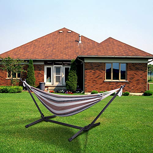 Double Hammock with Steel Stand, Adjustable Hammock Bed,Portable Outdoor Polyester Hammocks Set,2-Person Heavy-Duty Hammocks for Camping Garden Backyard Patio,250lbs Capacity (Coffee Stripe) - color: Coffee Stripe