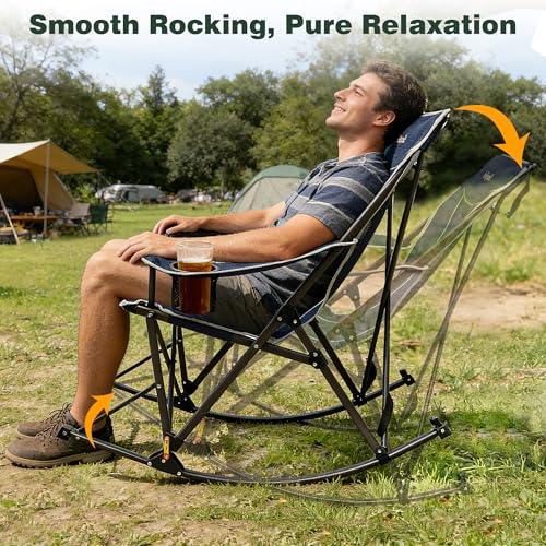 SUNNYFEEL Oversized Folding Rocking Camping Chair with Buckle Design 2 Pcak Outdoor Rocker High Back Lawn Camp Rocker Chair with Cup Holder 500 LBS for Outdoor/Camping/Lounge/Patio with Carry Bag - color: Blue, size: 2 Pc