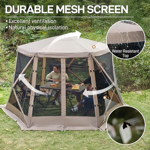 EVER ADVANCED Pop up Screen House Tent for Camping 11.5 x 9.8 ft, Instant Screened Gazebo Canopy with Netting, Portable Shelter Enclosure for Outdoor, Backyard, Khaki - color: Khaki