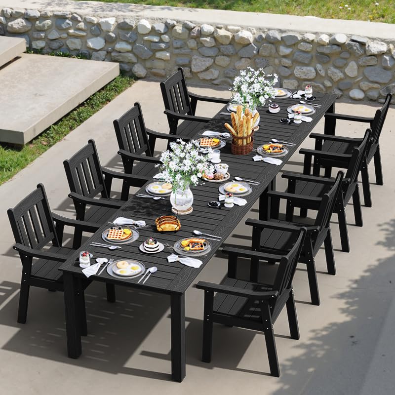 YEFU HIPS Patio Table Set: 10 Piece Outdoor Table and Chairs Dining Furniture Set with Umbrella Hole - Black Modern Plastic Dining Sets 8 Person for Outside Deck with Metal Aluminum Frame - color: Black, size: 10 Piece