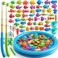 JUKUDAHU Magnet Fishing Toys Game for Kids 3-5 - Floating Fish Toys with Inflatable Kiddie Pool, Bath for Toddlers, Pole Rod Net, Outdoor Party for Boys Girls Kids Age 3 4 5 6 7 8 Year Old - style: 60 PCS Fishing and Round Pool with 2 Pails