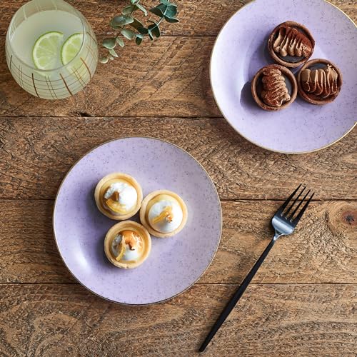 PLASTICPRO 32 Pack Elegant Disposable Plastic Plates Combo Set Includes 16 Dinner Plates and 16 Salad Plates Heavy Duty Fancy Party Plates Purple Granite Plates with Gold rim - color: Granite Collection Purple With Gold Rim