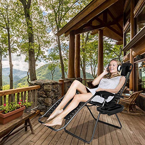 VINGLI Upgraded Zero Gravity Chair Set of 2 Lounge Outdoor Chairs with Trays and Pillows, Folding Patio Recliner Chairs for Backyard Poolside Garden - color: Black