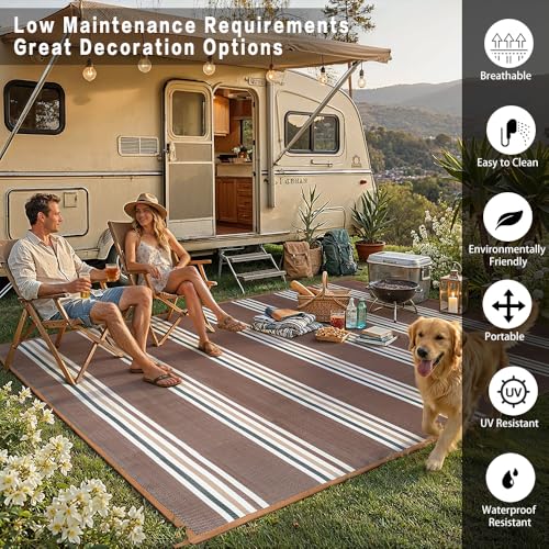 PureCozy Outdoor Waterproof 5x8 Rug for Patio Reversible Plastic Straw Brown Striped Camping Mat Outside Lightweight Large Floor Mat for RV Deck Beach Balcony Picnic Backyard Entry Porch - color: Stripe | Brown, size: 5' x 8' (Rectangular)