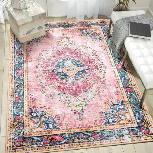 Area Rug 4x6.5 Pink Boho Rug Washable Vintage Rug for Kitchen Living Room Bedroom Bathroom Office Low Pile Non Slip Indoor Floor Carpet - color: A#pink, size: 4' x 6.5' (Rectangular)