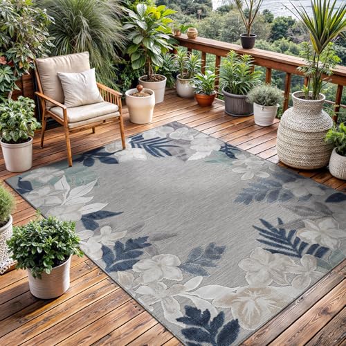 Outdoor Rug 5x7 Washable Area Rugs Indoor Outdoor Carpets Blue Border Floral Non Shedding Waterproof Easy Clean Patio Deck Porch Living Room Bedroom Garden RV (5 X 7 Blue) - color: 1-blue, size: 5' x 7' (Rectangular)