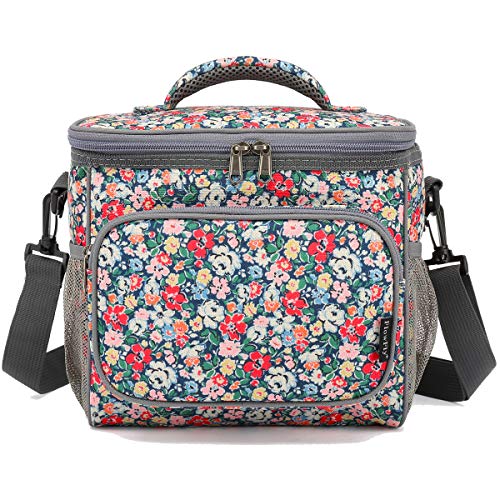 FlowFly Insulated Reusable Lunch Bag Adult Large Lunch Box for Women and Men with Adjustable Shoulder Strap,Front Zipper Pocket and Dual Large Mesh Side Pockets,Floral - color: Floral