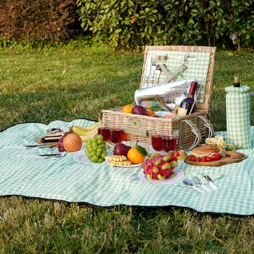 Picnic Basket for 4, Insulated Willow Picnic Baskets with Shoulder Strap, Picnic Hamper with Waterproof Picnic Blanket, Handmade Wicker Hamper for Outdoor Camping, GreenCheck - style: GreenCheck-4P