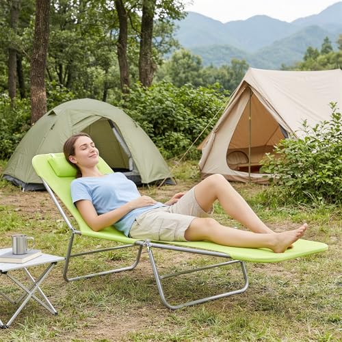 Outsunny Folding Chaise Lounge Pool Chairs, Outdoor Sun Tanning Chairs with Pillow, Reclining Back, Steel Frame & Breathable Mesh for Beach, Yard, Patio, Green - color: Green