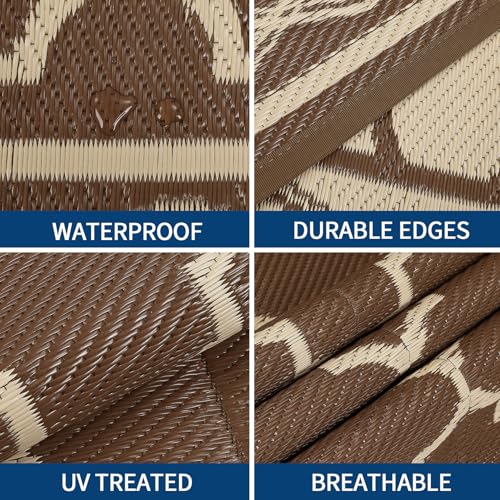 GarveeHome 10x20 Outdoor Rug for Patio Waterproof Rug Large Outside Rugs Reversible Plastic Straw Patio Camping Rugs Foldable Camping Carpet for Backyard, Deck, Picnic, Beach, Trailer, Brown/Beige - color: Brown/Beige(geometric), size: 10' x 20' (Rectangu