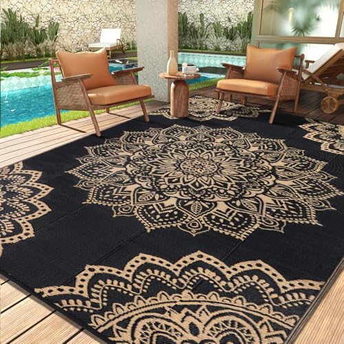 Yamaziot Outdoor Rug 8' x 10', Waterproof Reversible Plastic Straw Rug, Large Outdoor Rugs Mats RV, Picnic, Backyard, Balcony, Porch, Beach, Black Brown - color: Black Brown, size: 8' x 10'