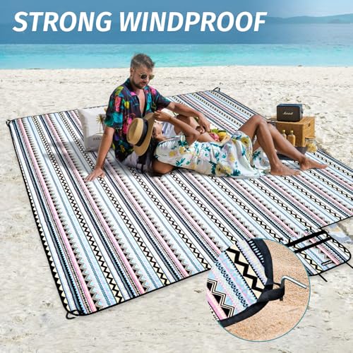 Picnic Blankets Extra Large Outdoor - Beach Blanket Waterproof Sandproof with Shoulder Strap, Machine Washable, Picnic Mat with Stakes for Grass Concert, Park.BohoGeometry - color: Black