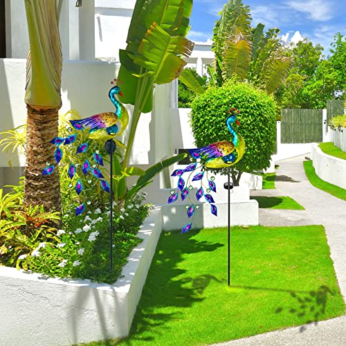 DREAMSOUL Solar Garden Lights Outdoor, Metal Peacock Decor Solar Lights Garden Stakes with Led String Lights, Waterproof Crackle Glass Ball Landscape Path Light for Lawn Patio - color: Multi-colored