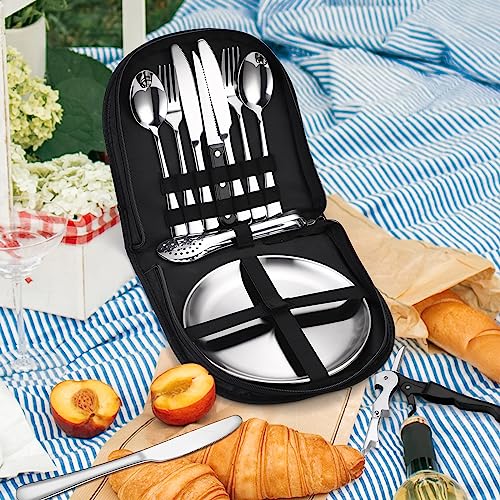 Camping Silverware Kit Cutlery Organizer Utensil Picnic Set Stainless Steel Plate Spoon Clip and Serrated Knife Wine Opener Fork Napkin Hiking - Camp Kitchen BBQ’s - color: Camping Silverware Set-13set