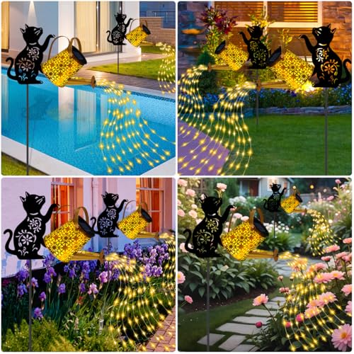 Solar Lights Outdoor Decorative, Watering Can with Cascading Lights, with Cat Silhouette Garden Stakes, Gifts for Mom Women, Waterproof Metal Garden Decor for Yard Art, Outside, Patio, Lawn Ornaments - color: Cat 1 Pack