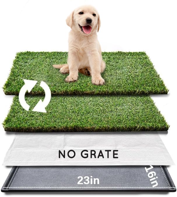 HQ4us Dog Grass Pad with Tray Small 23" x 16" Dog Litter Box Toilet for Puppy (No Grate) with 2×Artificial Grass for Dogs with Hemmed Edge, Pee Pads for Dogs, Realistic, Less Stink, Potty for Balcony - size: S 23”×16” for Dog＜ 19" Length