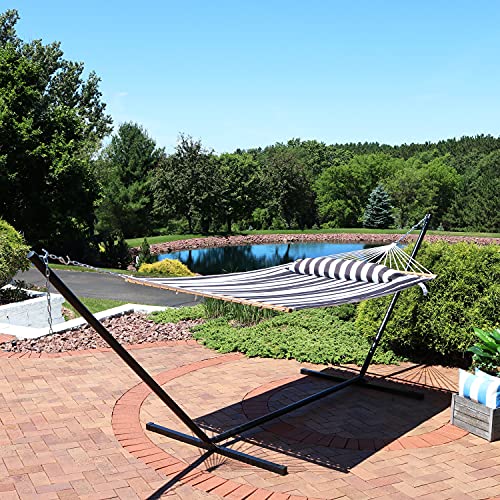 Sunnydaze Quilted Double Hammock for Outside with Spreader Bars and Pillow - 450 lb Capacity, 74x55 Inch Bed, UV Resistant, Quick Dry - Chains Included, Stand Sold Separately - Black & White - color: Black & White