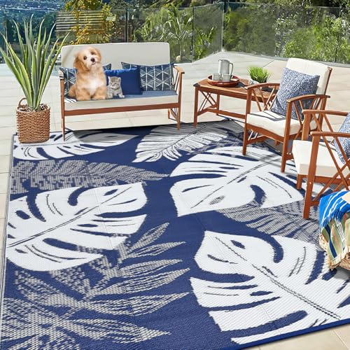 Waterproof Outdoor Rug 9x12 ft, Plastic Straw Patio Area Rug, Reversible Tropical Leaf Porch Mat, Picnic Camping Portable Carpet Rug for RV, Camper, Deck, Balcony, Porch, Beach, Navy/White - color: Navy & White, size: 12' x 9' (Rectangular)