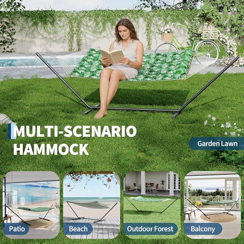 2 Person Outdoor Hammock with Stand, Person Cotton Rope Hammock with Polyester Pad, Portable Hammock with Carrying Bag, for Patio, Garden, Beach, Backyard Camping - color: Green
