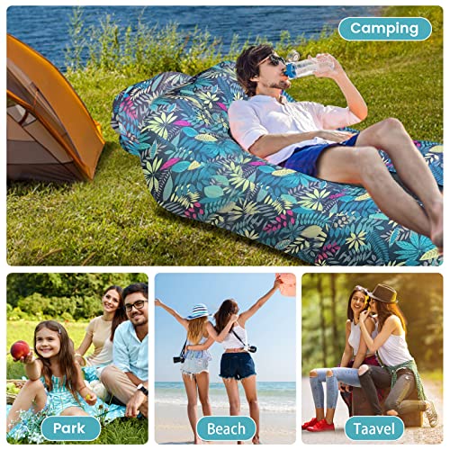 ele ELEOPTION Outdoor Inflatable Camping Couch Waterproof Portable Blow Up Air Sofa Chair Lounger for Backyard Beach Traveling Camping with Compression Sacks (Blue Leaf Print) - color: Blue Leaf Print