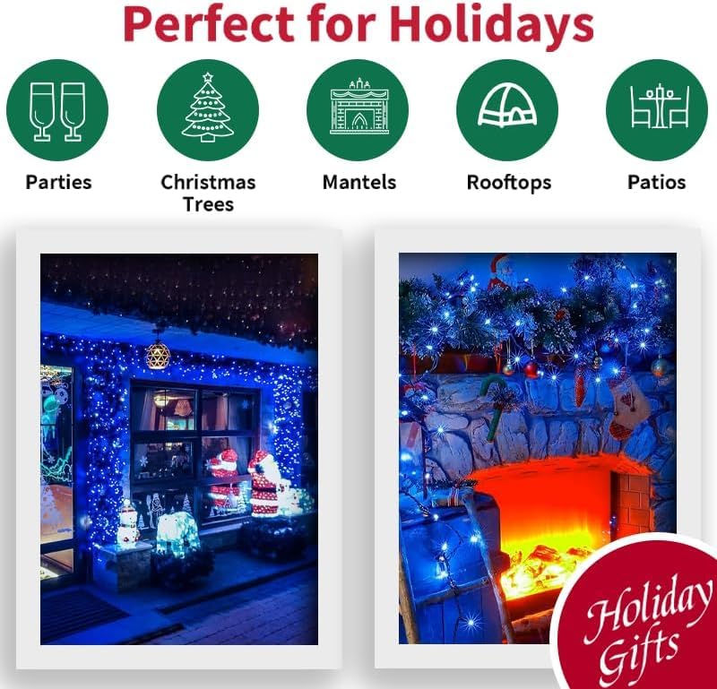 LAMPHOME 2 Pack 50 LED Blue Christmas Lights Outdoor, 16 FT Mini String Lights with 9 Modes & 6 Hour Timer, Waterproof Battery Operated for Indoor Outdoor Patio Garden Party Tree Decoration - color: Blue, size: 100 Count