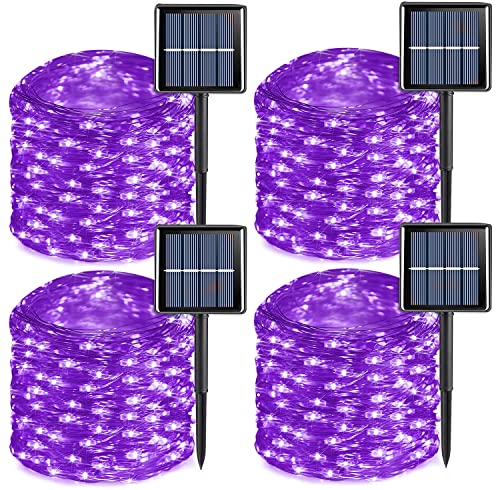 QITONG 4 Pack Solar Fairy Lights, Each 33ft 100 LED Purple Christmas String Light Outdoor Waterproof, 8 Modes Silver Wire Twinkle Mini Lights - color: Purple, size: 4Pack*100LED