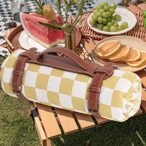 Modern Checkered Picnic Mat,Foldable Waterproof Sandproof Beach Blanket for Camping Hiking Outdoor Activities Lightweight Thin Ground Sheet for Travel Accessories,Yellow,150x150cm/60 x60 - color: Yellow, size: 5' x 5' (Square)