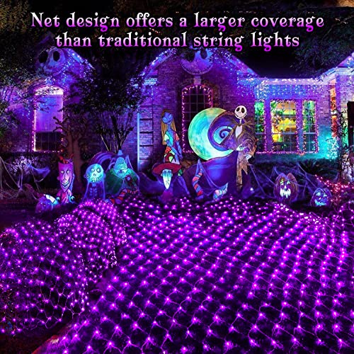 BlcTec Halloween Net Lights, 200 LED 8.4ft x 5.2ft Purple Halloween Lights with 8 Modes, Timer, Connectable, Waterproof and Green Wire Design for Trees, Bushes Outdoor Decorations - color: Purple, size: 200LED