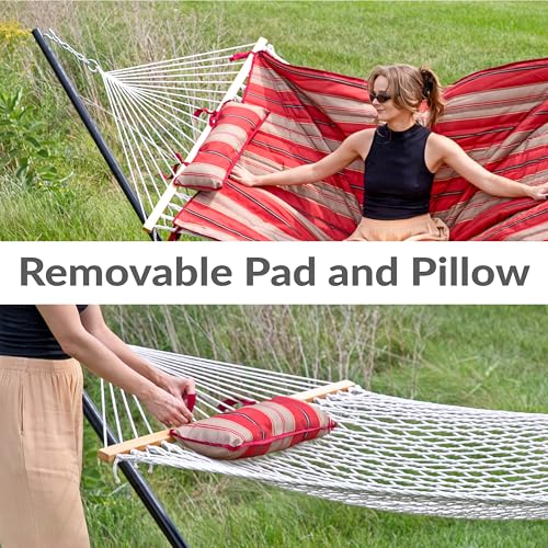 Sunnydaze Rope Hammock with Stand for Outside - Heavy Duty Freestanding Portable Outdoor Hammock Set with Quilted Pad, Pillow, and 12-Foot Steel Frame - 275 lb Capacity - Awning Stripe - color: Awning Stripe