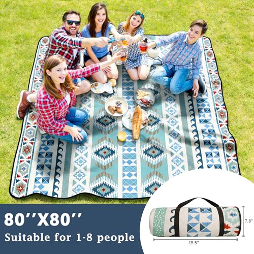 SAMSIER Large Outdoor Picnic Blankets Waterproof Foldable, Beach Blanket Sandproof Portable, Picnic Mat Washable for Camping (80"×80", Thickened) - color: Green Blue, size: 6'8" x 6'8" (Square)