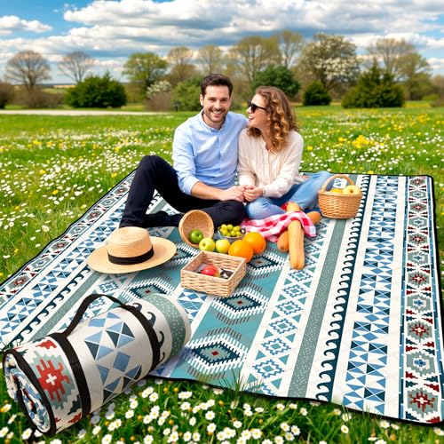 SAMSIER Large Outdoor Picnic Blankets Waterproof Foldable, Beach Blanket Sandproof Portable, Picnic Mat Washable for Camping (80"×80", Thickened) - color: Green Blue, size: 6'8" x 6'8" (Square)