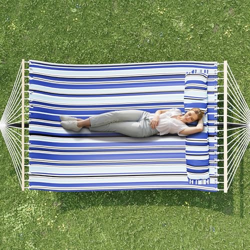 Double Hammock with Stand for 2 Person, Outdoor Freestanding Hammock Bed with 475lb Capacity - Heavy Duty Steel Frame, Quilted Pillow & Portable Carry Bag, Easy Assembly, Blue - color: Blue - Widened