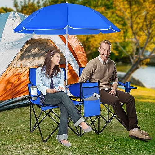 Double Camping Chair, 2-Person Portable Beach Chair w/Removable Umbrella, Cup Holders & Carrying Bag, Folding Loveseat Chairs for Adults Outdoor Picnic (Blue) - color: Blue